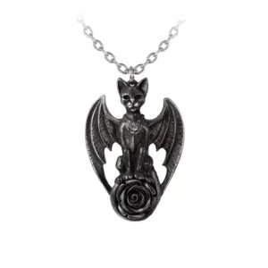 Pewter Cat Rose Necklace Elixir of Life Winged Cat Pewter Pendant Necklace Alchemy Gothic