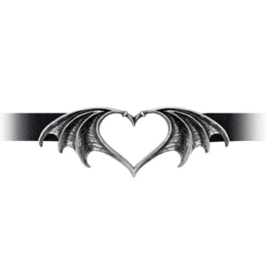 Black Choker Vampire Bat Night Love Pewter Heart Necklace by Alchemy Gothic 1977