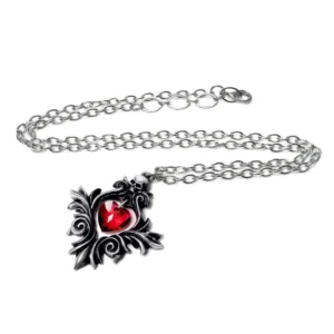 Pewter Skull Heart Red Crystal Heart Necklace by Alchemy Gothic 1977