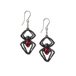 Black Widow Red Crystal Drop Earrings Artisan Crafted Pewter Gothic Jewelry UK
