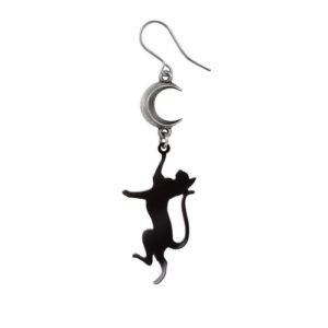 Black Cat Crescent Moon Earring - Artisan Pewter Moondream Moon Single Earring