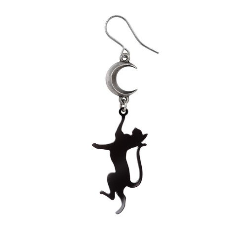 Black Cat Crescent Moon Earring - Artisan Pewter Moondream Moon Single Earring
