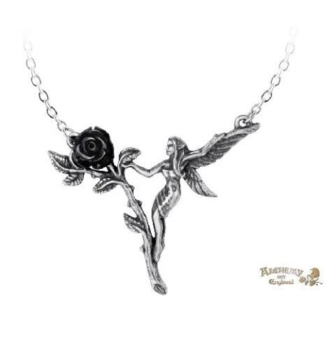 Black Rose Fairy Necklace / Pewter Faery Pewter Pendant Necklace,New Alchemy Gothic 1977Jewelry
