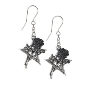 Pewter Pentagram Black Rose Drop Earrings