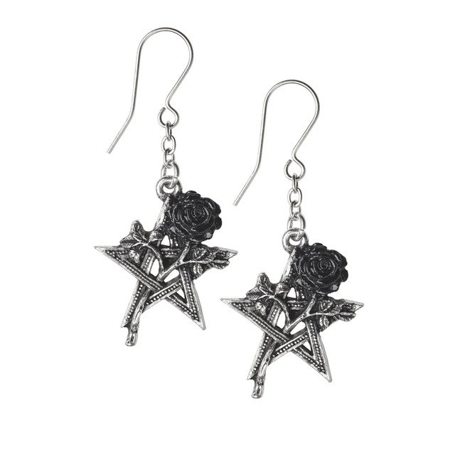 Pewter Pentagram Black Rose Drop Earrings
