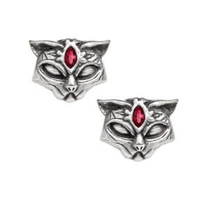 Red Crystal Pewter Cat Goddess Stud Earrings