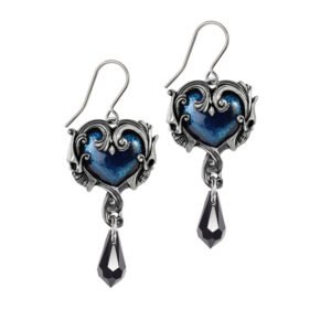 Pewter Blue Heart Black Crystal Drop Earrings