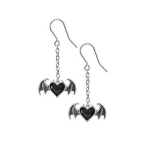 Pewter Hanging Black Heart Drop Earrings