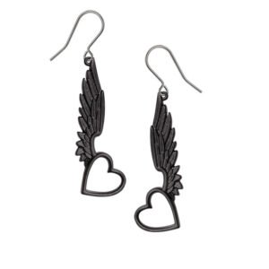Black Crow Wings of Love Drop Heart Earrings
