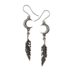 Pewter Moon Feathers Drop Earrings