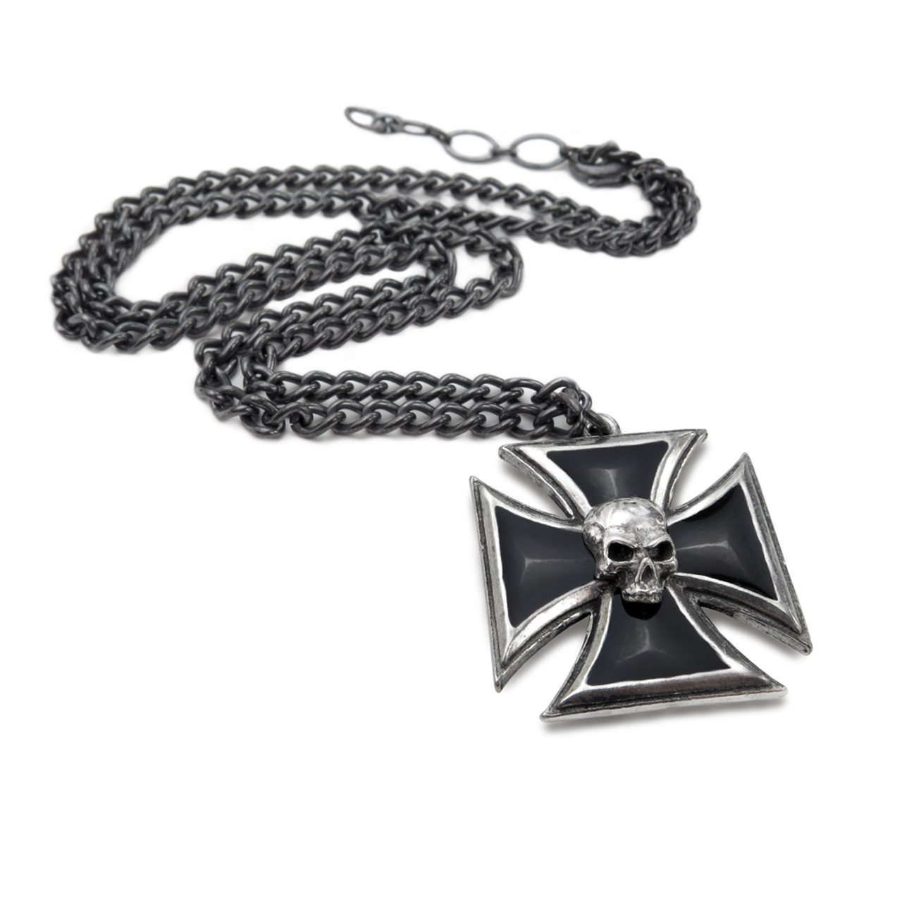 Heavy Metal Pewter Black Cross Skull Necklace