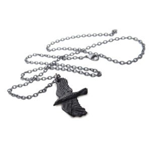 Pewter Cros in Flight Black Raven Necklace