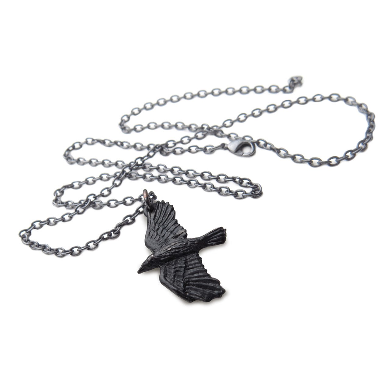 Pewter Cros in Flight Black Raven Necklace