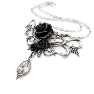 Artisan Pewter Elegance Black Rose Crystal Drop Necklace