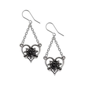 Pewter Black Heart V Drop Earrings
