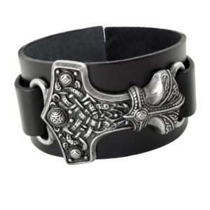 Thor Black Leather Wrist Strap / Pewter Celtic THOR HAMMER ALCHEMY GOTHIC 1977