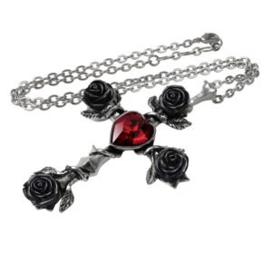 Pewter Black Rose Red Heart Cross Necklace