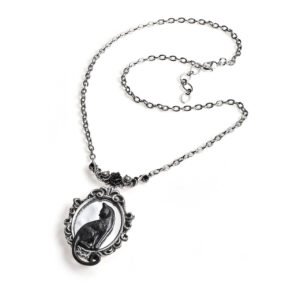 Black Cat Mirror Pewter Gothic Necklace