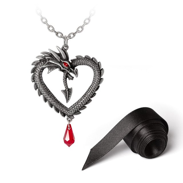 Gothic Pewter Dragon Heart Black Ribbon Choker