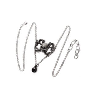 Sweet Death Pewter Ribbon Skull Crystal Drop Necklace